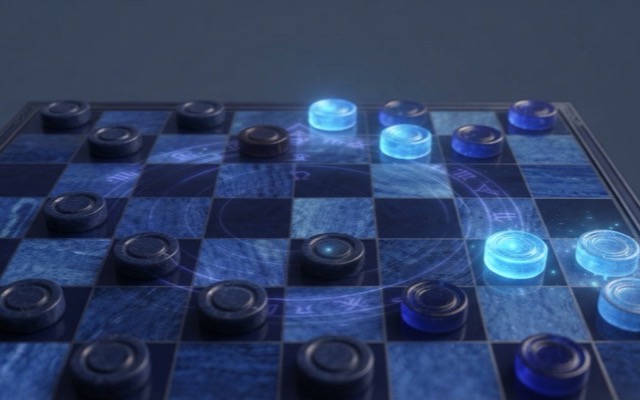 A checkers board with blue and amber pieces.